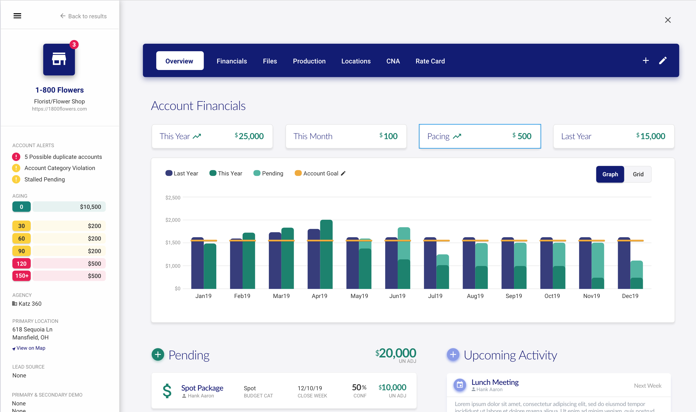 Account Financials graph and business overview